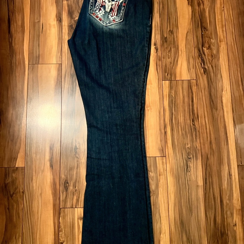 Miss Me Dark Blue Flare Jeans with Embroidered Flag Pocket